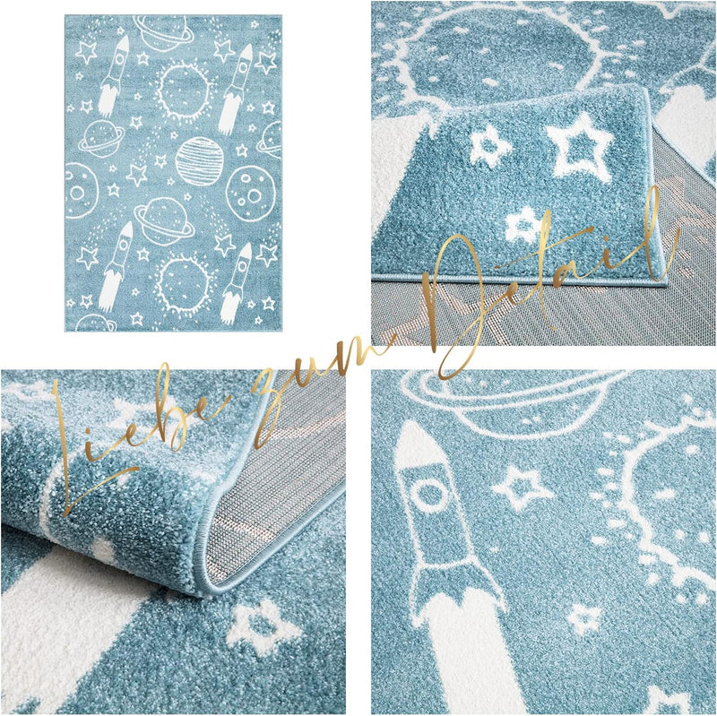 payé Teppich Kinderzimmer Läufer - Blau - 80x150cm - Galaxy Unviersum Weltall Stern Rakete Spieltepp