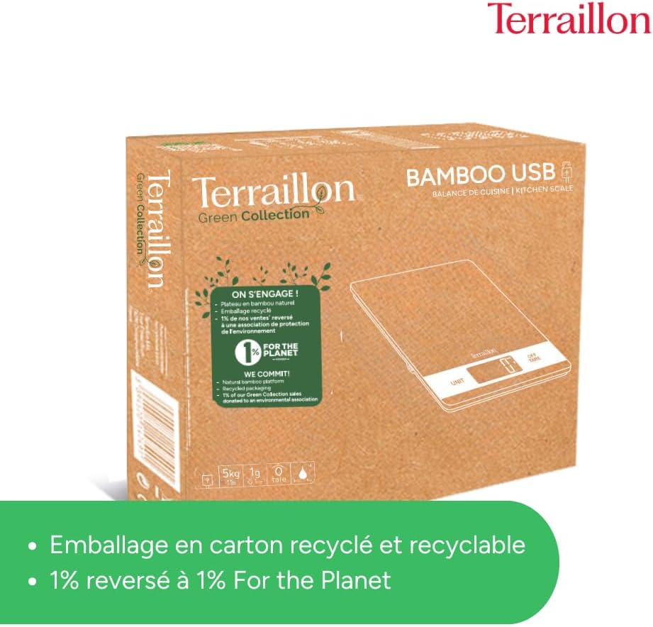 TERRAILLON Bamboo Küchenwaage, USB, wiederaufladbar über USB, automatische Abschaltung – Tara-Funkti