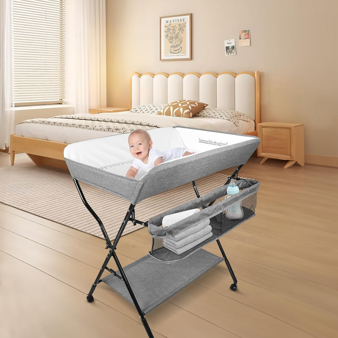 OHMG Baby Wickelkombi Klappbare Wickelkommode,Wickeltisch mit Rollen,Mobiler Wickeltisch mit Wickela