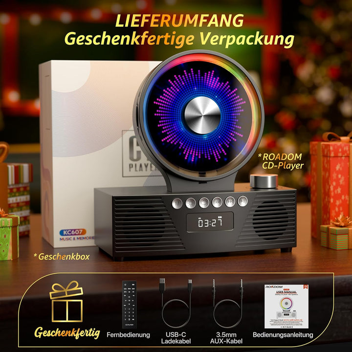 ROADOM CD Player Bluetooth 5.3 mit Dual Lautsprecher, 4000mAh Tragbar Wiederaufladbar, 6-in-1 Wieder