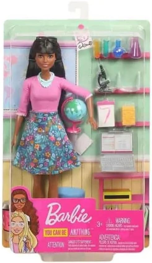 Barbie Berufe Lehrer Puppe Braun mit 10 Lernzubehör, einschliesslich Rotierender Globus und Laptop,