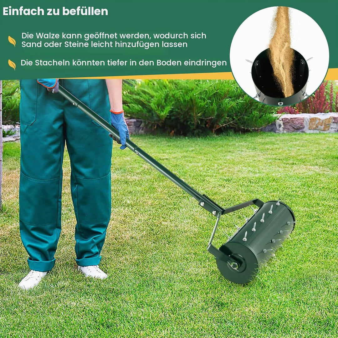 GOPLUS Rasenbelüfter, Handvertikutierer mit Stiel &amp; 3,4cm Nägeln, rollender Aerifizierer, manueller