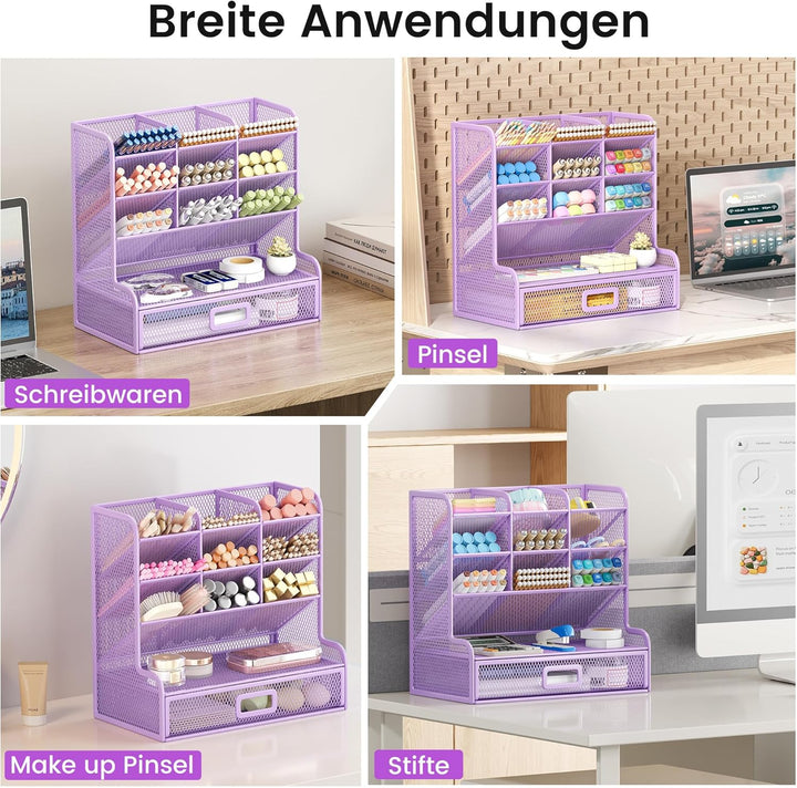 VITVITI Schreibtisch Organizer, 9 Fächer Stiftehalter mit Schublade, Netz Stifte Regal aus Metall, S