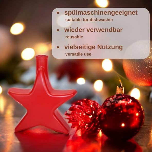 gouveo 6er Set Glasflasche 200 ml Stern rot gefrostet mit Holzgriffkorken - Weihnachtsflasche in Ste