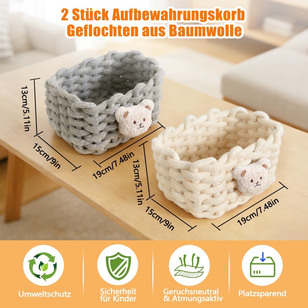 2 Stück Aufbewahrungskorb Geflochten mit Bärenmotiv Baumwolle Strickkorb, Häkelkorb, Klein Organizer