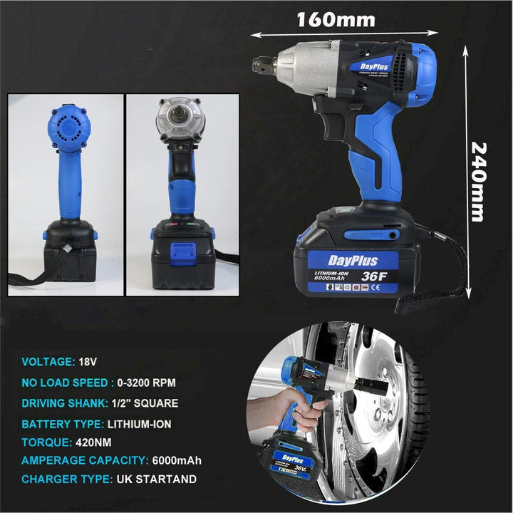 18V Akku-Schlagschrauber 1/2 Zoll Set mit 2 x Akku und EU Ladegerät, 420Nm, 4 Stecknüsse - 14/17/19/