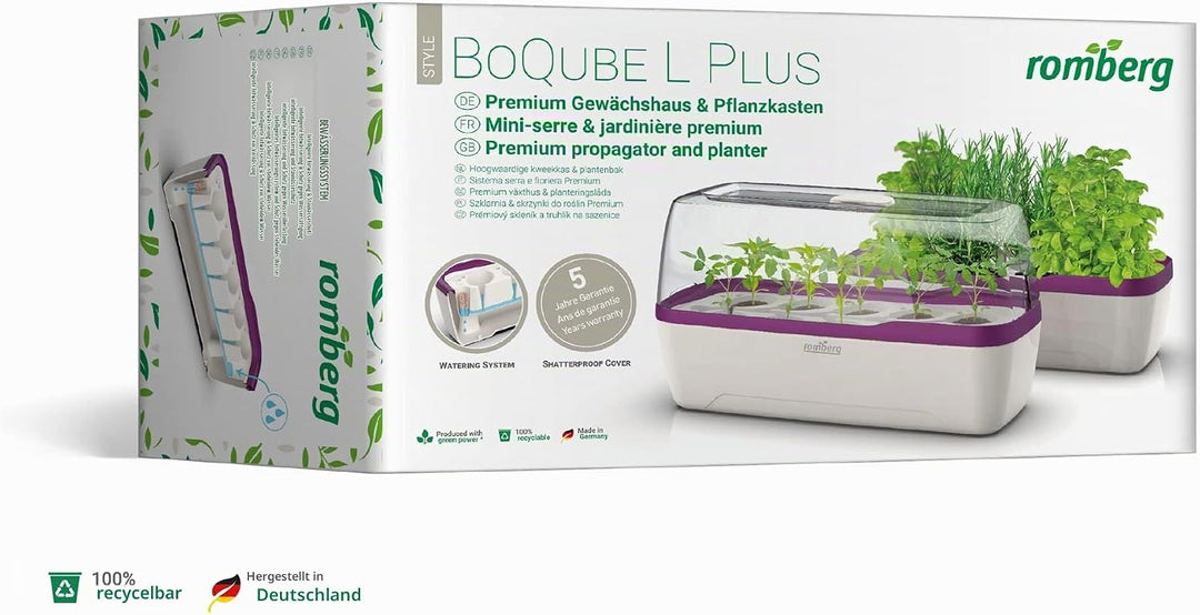 Romberg BoQube L Plus Mini Gewächshaus Anzuchtset &amp; Pflanzkasten mit 10 selbstbewässernden Pflanzzel
