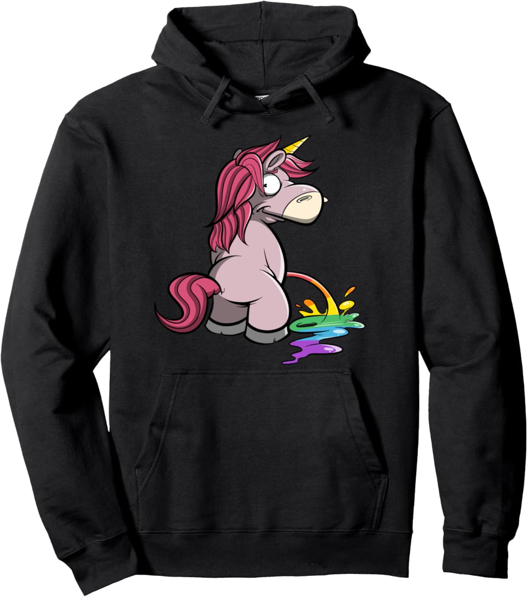 Lustiges rosa Einhorn macht Regenbogen in bunten Farben Pullover Hoodie