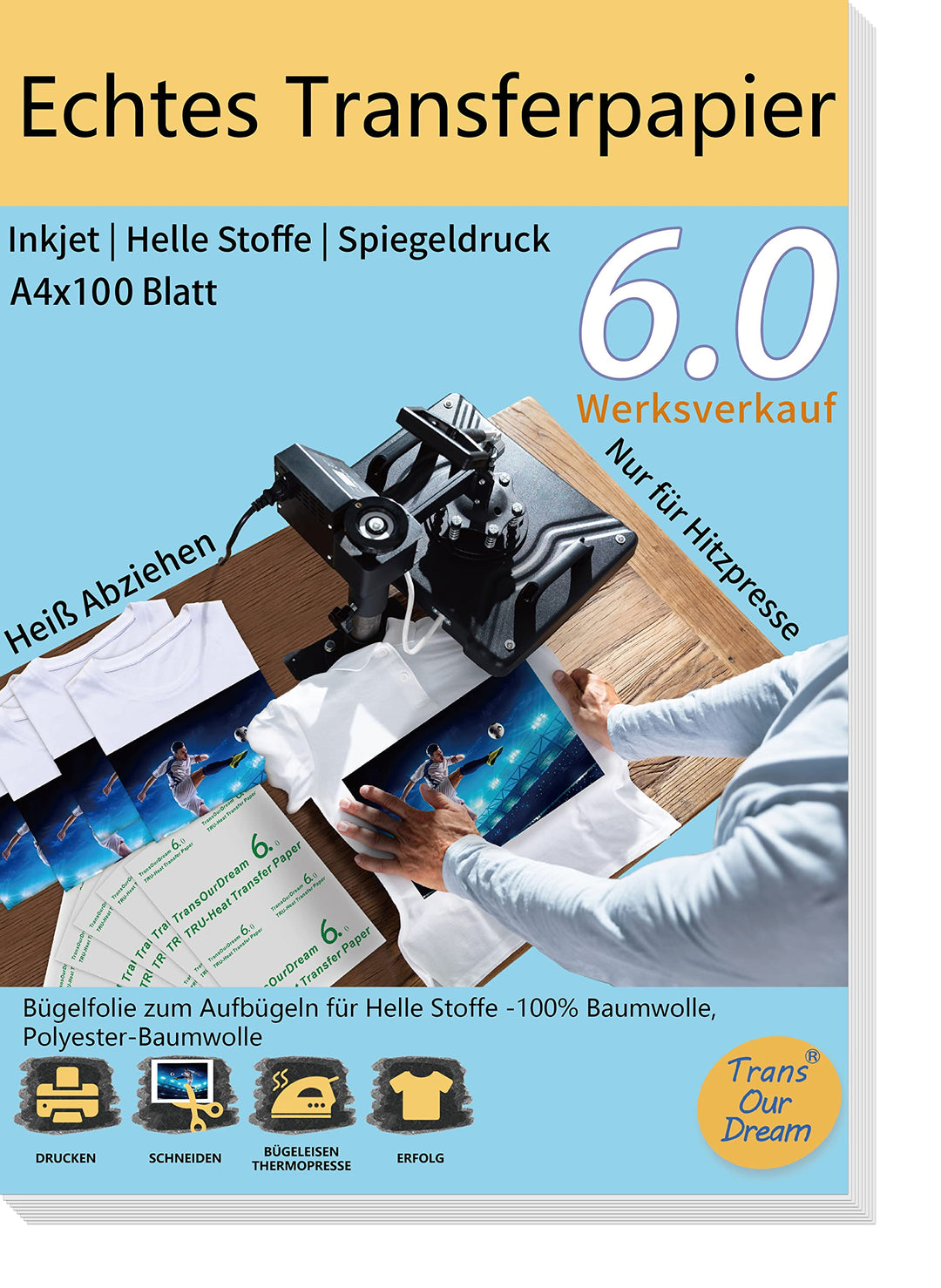 TransOurDream Echte Inkjet Transferfolie,Bügelfolie für helle Textilien,Fuer Hiztepresse,spiegeldruc