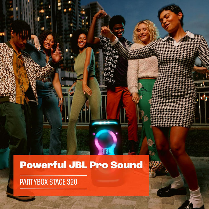 JBL Partybox Stage 320 in Schwarz – Tragbare Bluetooth-Lautsprecher-Box Pro Sound, Lichtshow, KI-Sou