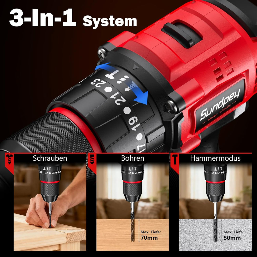 Sundpey 21V Akkuschrauber Set - Max. 70Nm Bürstenlos Akkubohrer und Schrauber mit 2 x 2.0Ah Akku, 23