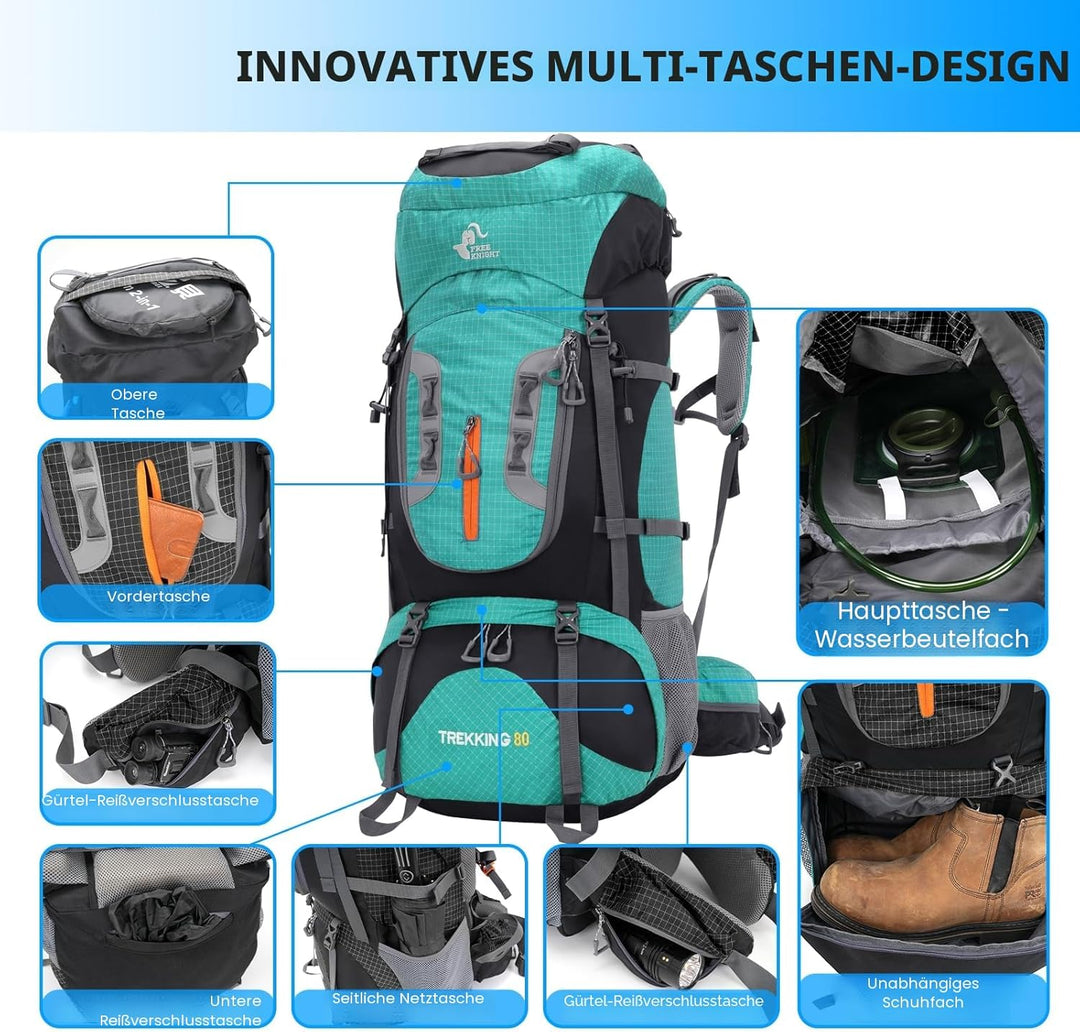 Bseash 80L Wasserdichter Wanderrucksack mit Regenschutz, leichter Outdoor-Sport, Reisen, Tagesrucksa