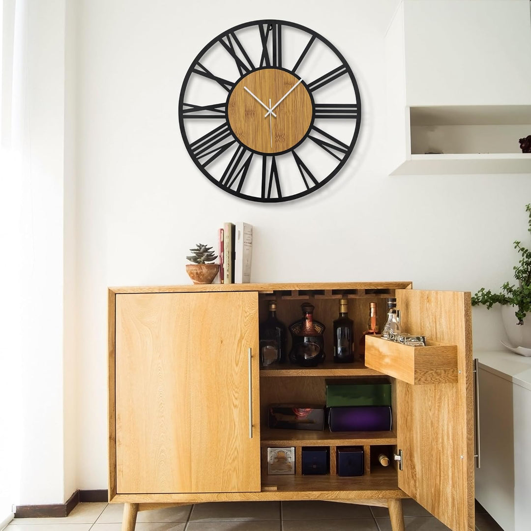 50 cm runde Holz-Wanduhr schwarz für Wohnzimmer-Dekoration, Vintage-Stil, römische Ziffern, geräusch