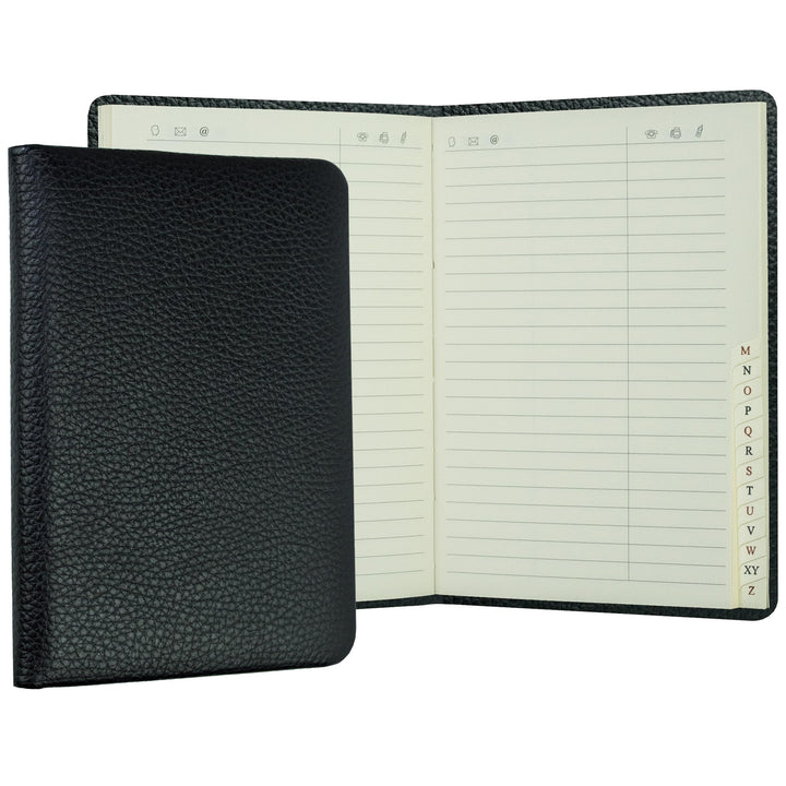 DELMON VARONE - Personalisierbares Adressbuch DIN A6+ gebunden mit A-Z Register Softgrain Leder schw