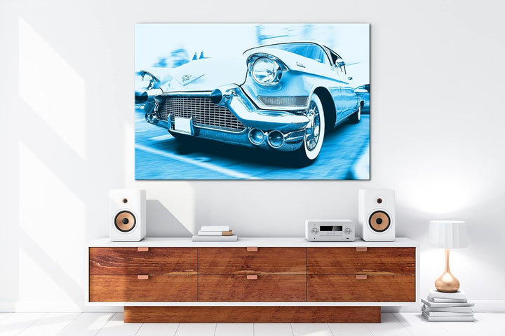 deyoli Ästhetischer Oldtimer Format 80x60 Effekt: Monocrome Blau als Leinwandbild, Motiv fertig gera
