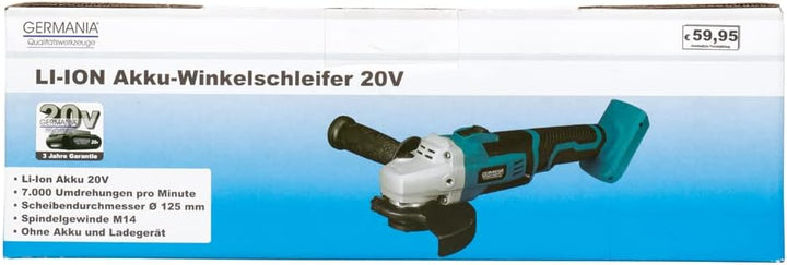 GERMANIA Plattform Akku-Winkelschleifer 20 V für 125 mm Scheiben mit Zusatzhandgriff (ohne Akku & oh