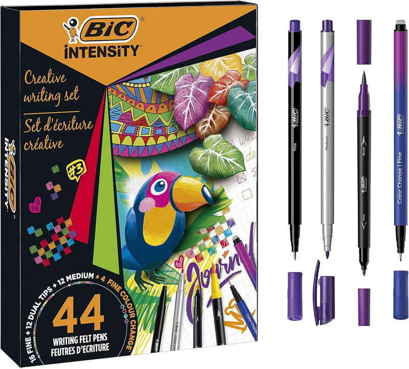 BIC Intensity Stifte Set à 44: 12 Dual Tip Brush Filzstifte und 3 Fineliner Arten: 12 mittlerer Spit