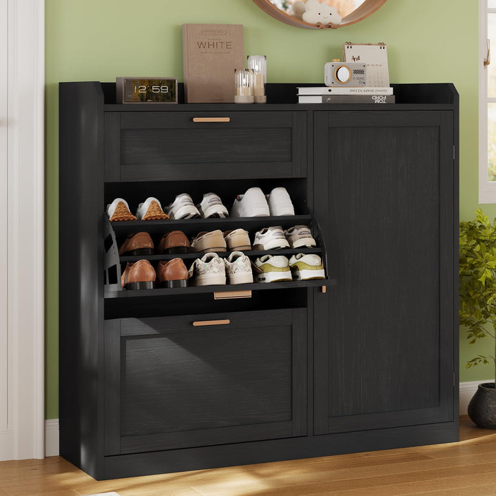 Schuhschrank mit 2 Klappen, Schuhkipper Schmal, Schuhschrank mit 1 Schublade, Schrank, Trennwand Ver