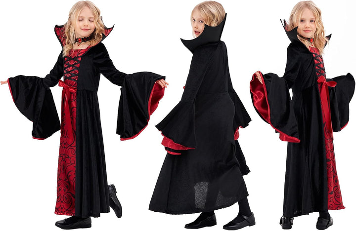 Funnlot Vampir Kostüm Mädchen Gothic Halloween Kostüm Kleid mit Vampir Zähne Kinder Karneval Faschin