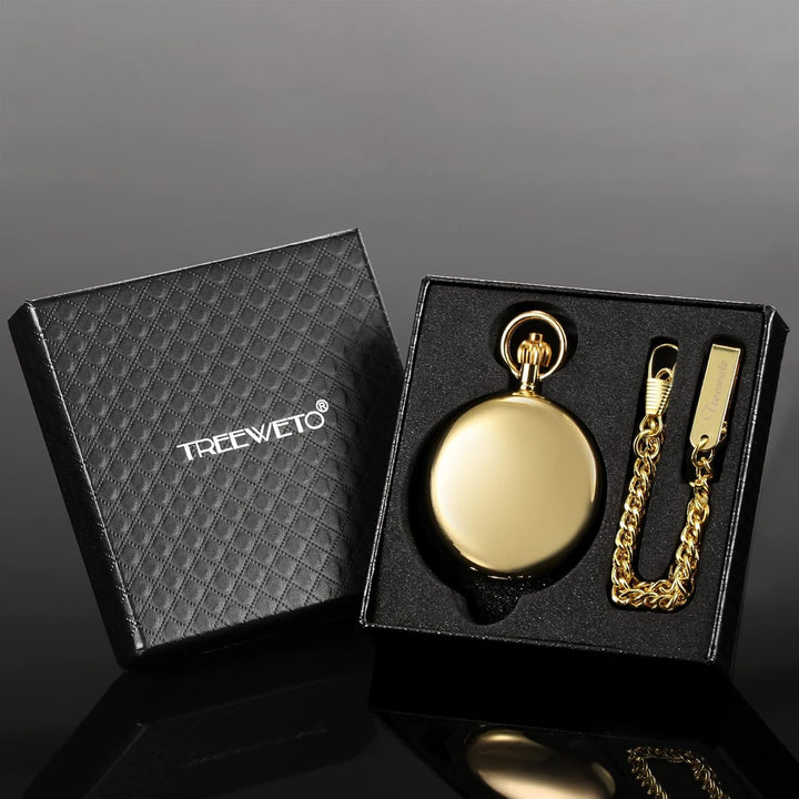 TREEWETO Unisex Taschenuhr mit Kette Analog Handaufzug Skelett Hochglanz Poliert Gold