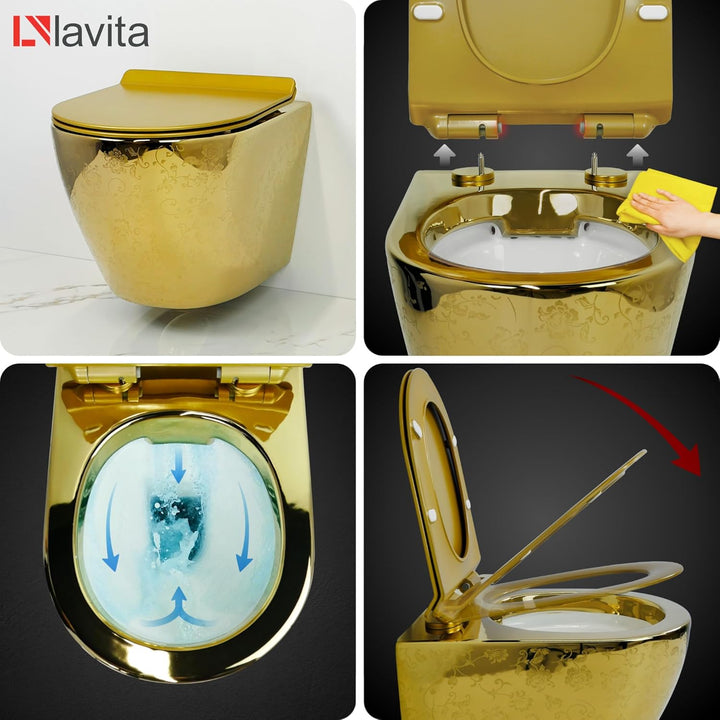 LAVITA Wand-WC Hänge Toilette mit WC-Sitz Toilettendeckel mit Absenkautomatik & Metallscharniere Spü