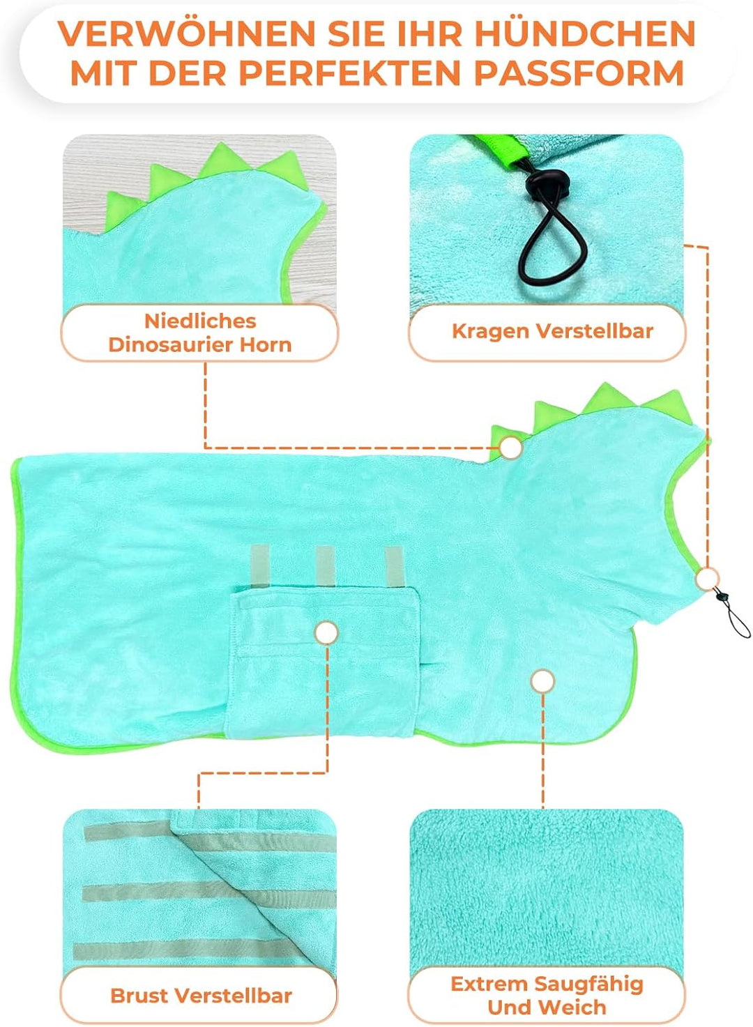 Bibykivn Bademantel für Hunde, Hundebademantel Aus Mikrofaser, Verstellbares Halsband Mit Klettversc