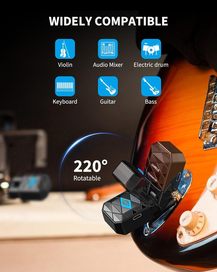 JAMELO Kabelloses Gitarrensystem mit Ladekoffer, Gitarrensender Empfänger, wiederaufladbares Gitarre