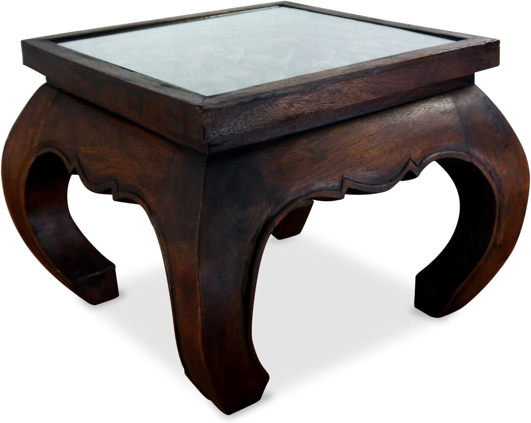 livasia Opiumtisch mit Glasplatte, Massivholztisch, Beistelltisch, Couchtisch mit Elefantenschnitzer