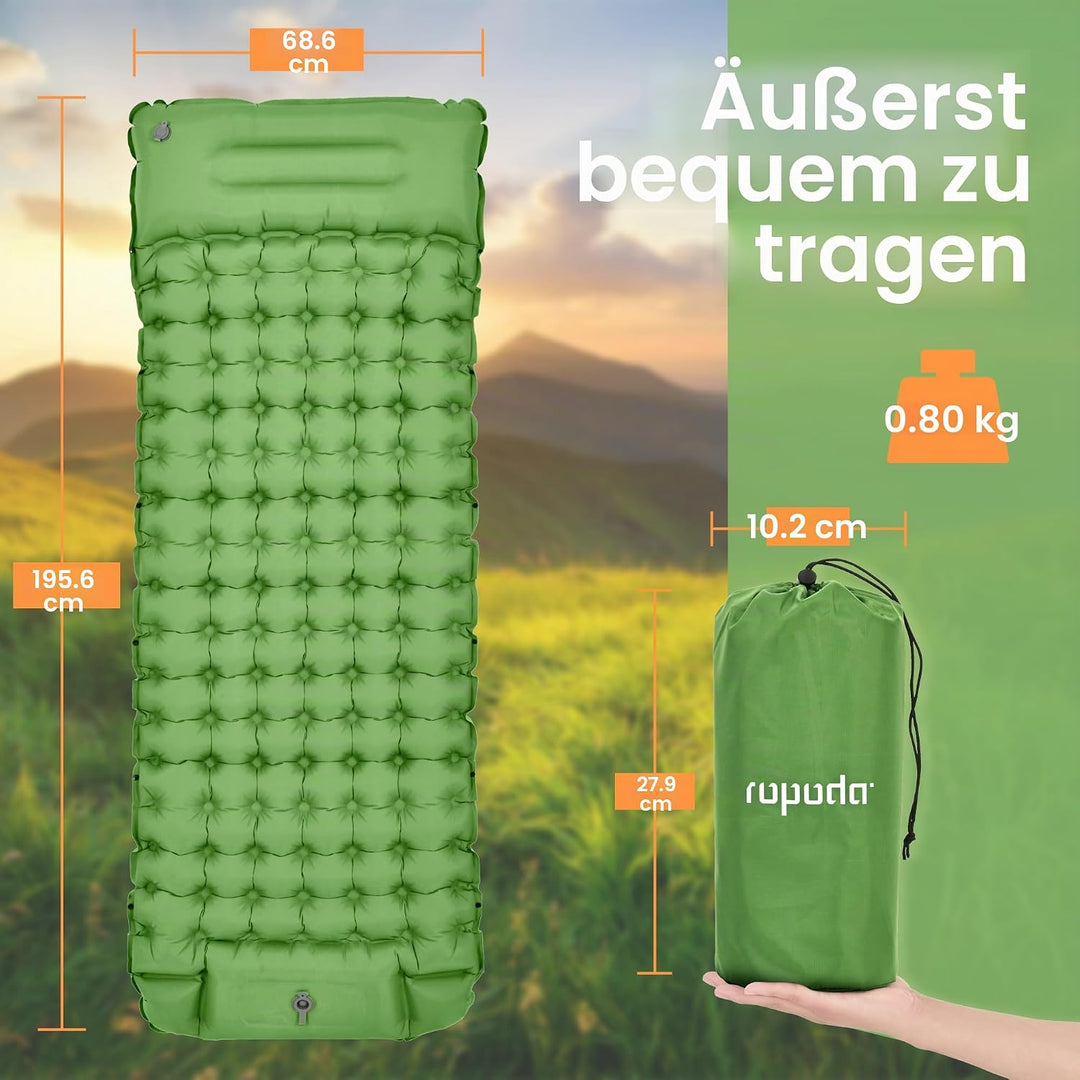 ROPODA Aufblasbare Camping-Isomatte, ultraleichte Schlafmatte mit Kopfkissen und integrierter Fusspu