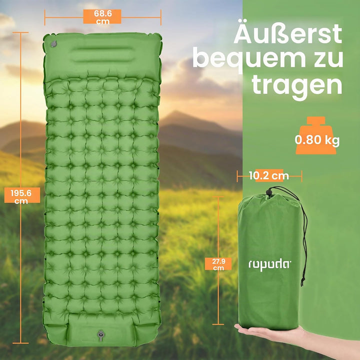 ROPODA Aufblasbare Camping-Isomatte, ultraleichte Schlafmatte mit Kopfkissen und integrierter Fusspu