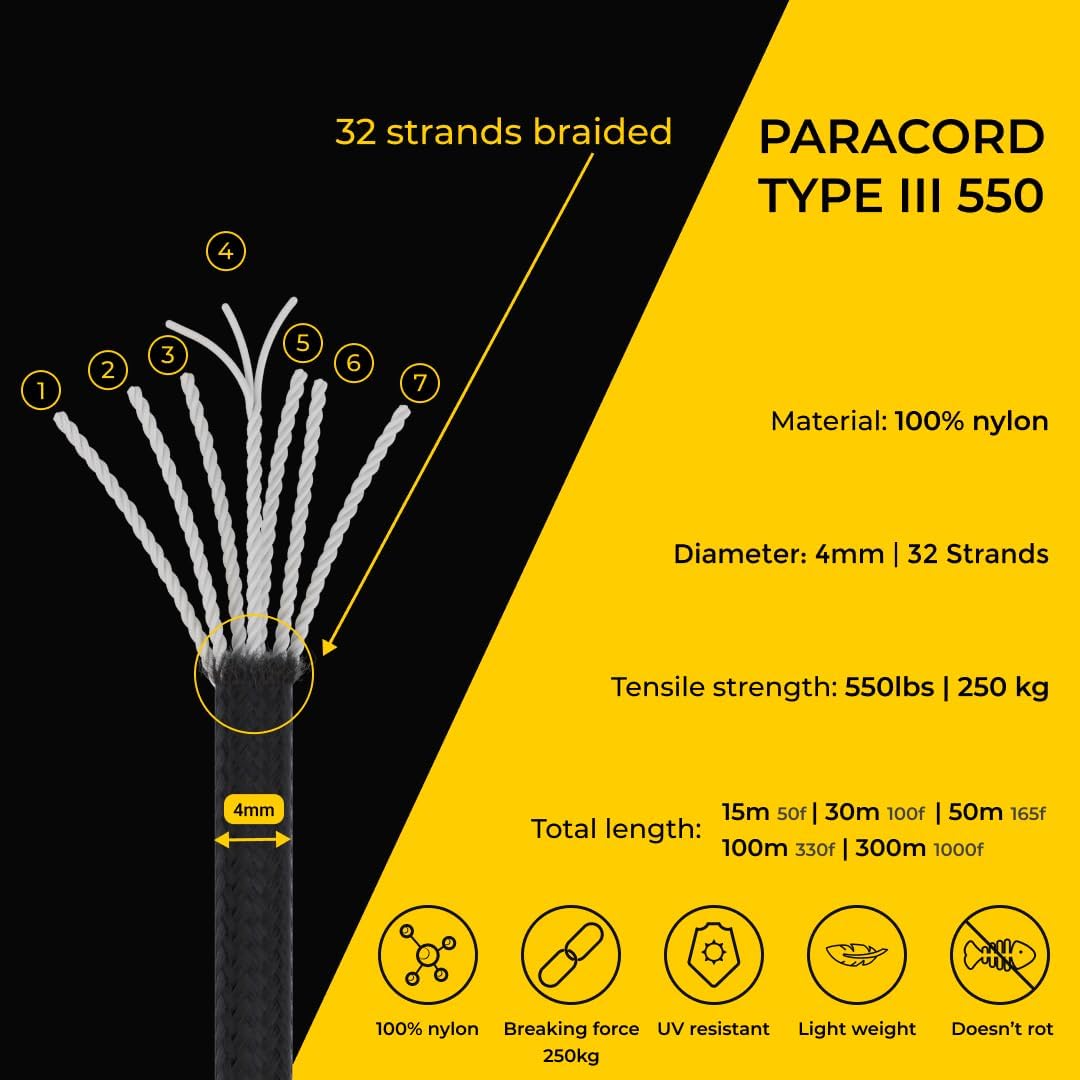 Paracord 4 mm, 20+ Militärfarben (15 m, 30 m, 50 m, 100 m, 300 m) | Ideal zum Basteln, Camping, Outd