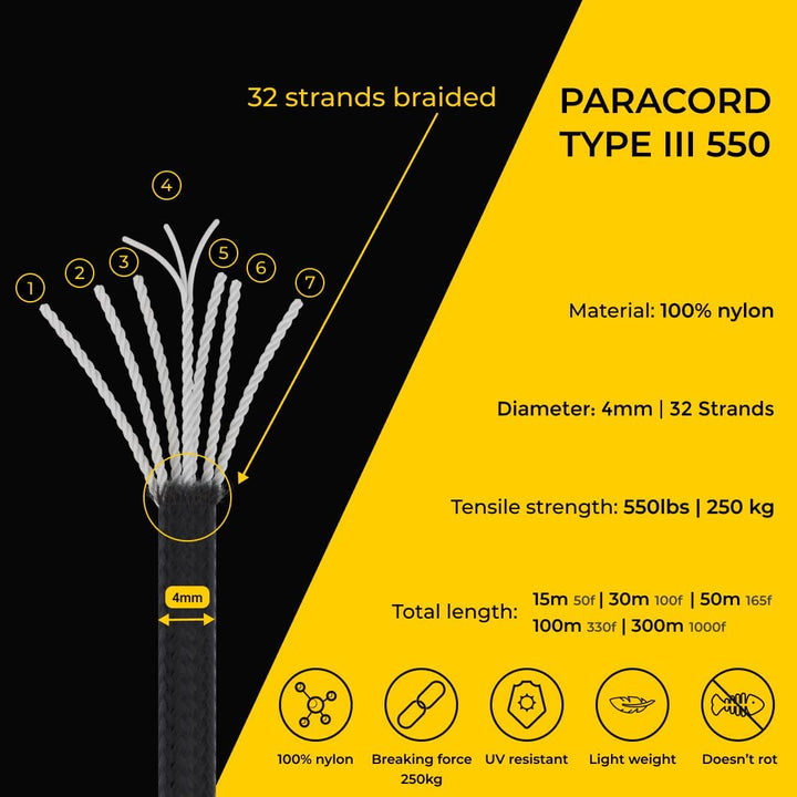 Paracord 4 mm, 20+ Militärfarben (15 m, 30 m, 50 m, 100 m, 300 m) | Ideal zum Basteln, Camping, Outd