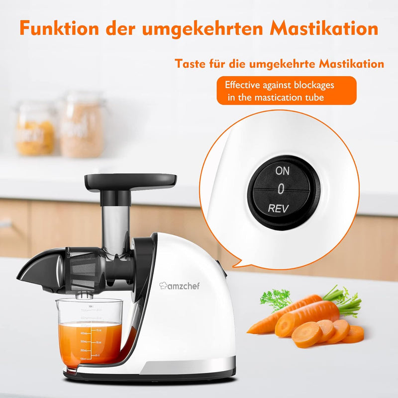 AMZCHEF Entsafter Gemüse und Obst Testsieger - Entsafter Slow Juicer mit Rückwärts-Kau-Funktion - Za