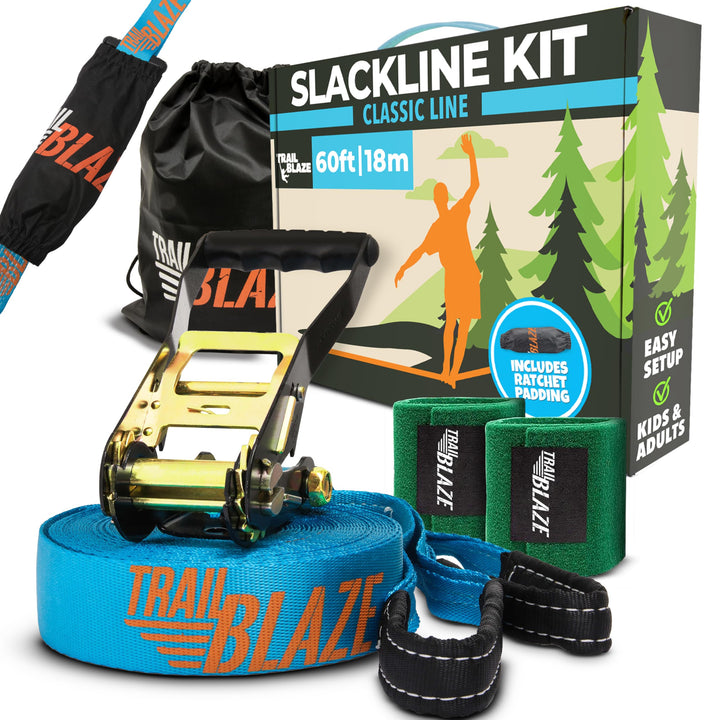 TRAILBLAZE Kit Slackline Completo – Con Protezioni Alberi + Sacca Porta Slackline - Installazione Fa
