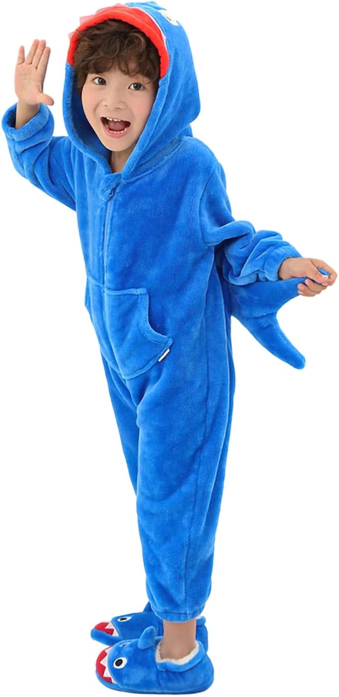 LOLANTA Kinder Hai Kostüm, Jungen Tier Flanell Strampler Overall mit Kapuze 2-3 Jahre Blau, 2-3 Jahr