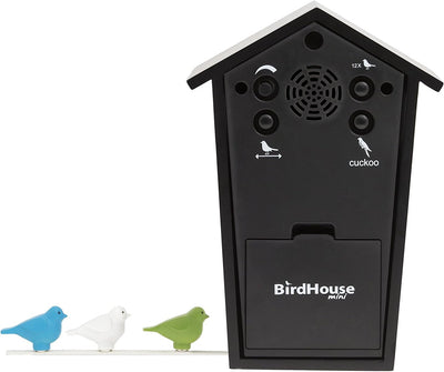 KOOKOO Birdhouse Mini Schwarz, Design Kuckucksuhr mit 12 Vogelstimmen oder Kuckuck, Schwarz