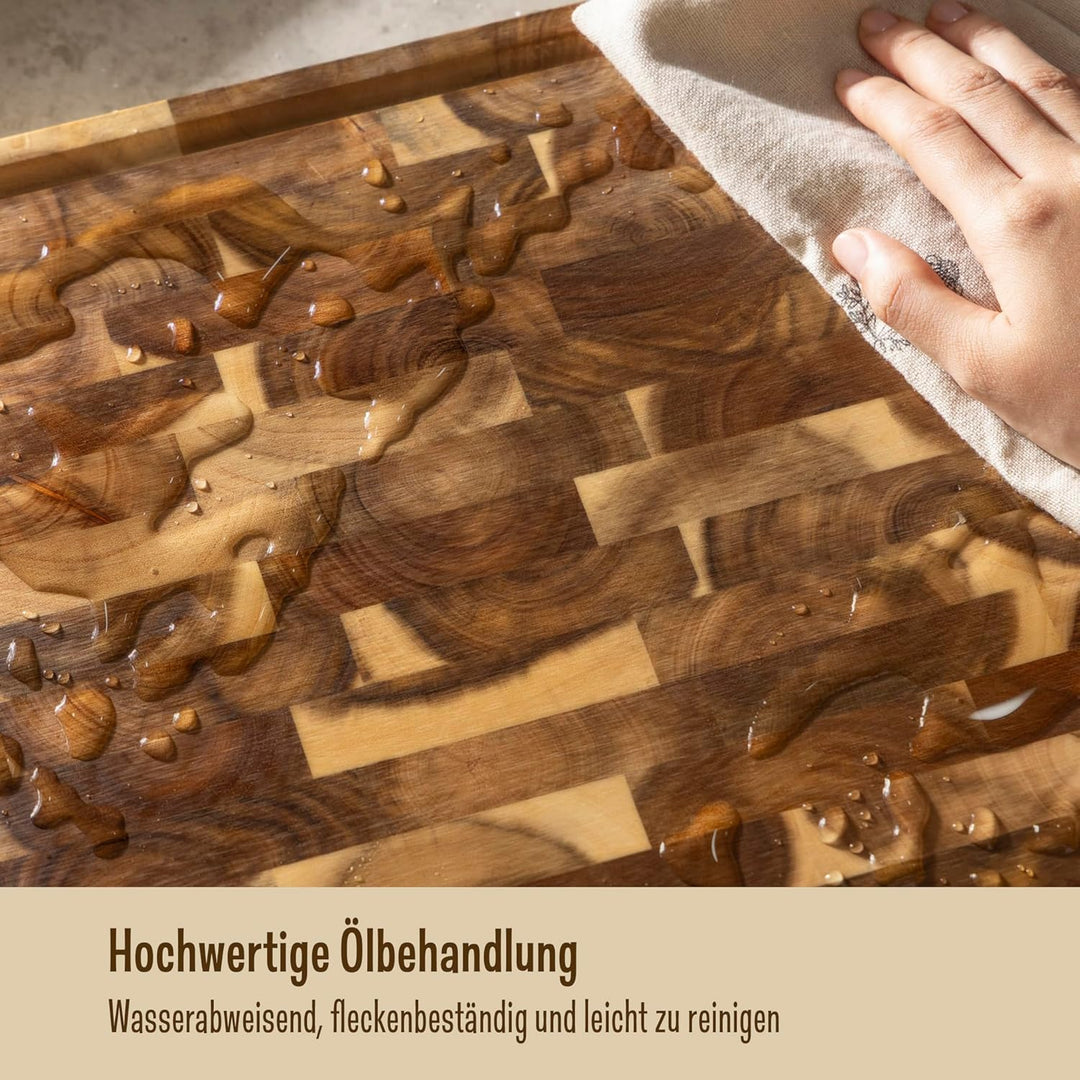 Schneidebrett Holz Set – 2,5 cm stark, mit hochwertiger Öl-Oberfläche, Saftrille, Anti-Rutsch-Füssen