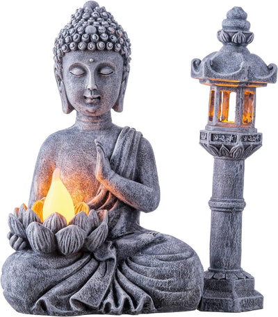 TERESA'S COLLECTIONS Buddha Statue mit Steinlaterne Pagode Statue Solar Gartenfiguren, Meditierender
