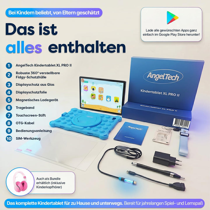 AngelTech Tablet Touchscreen für Kinder XL Pro II – 10 Zoll HD – 4 + 3 GB RAM – 64 + 128 GB ROM – Oc