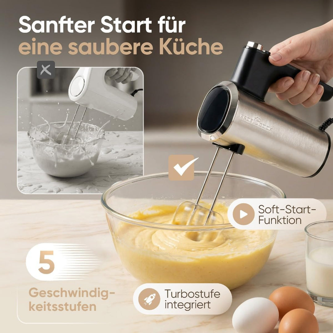 ProfiCook® Handmixer | 5 Stufen | sanfter Start | spülmaschinengeeignetes Zubehör | Turbo | 400W | M