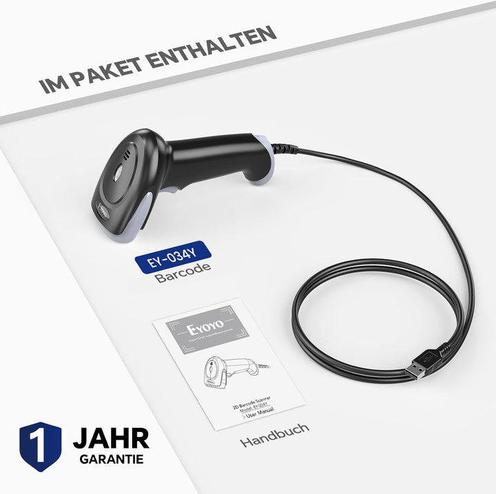 Eyoyo Barcode Scanner 1D 2D QR kabelgebunden, QR Code Scanner Handheld Barcode Leser für PC, Mac, La