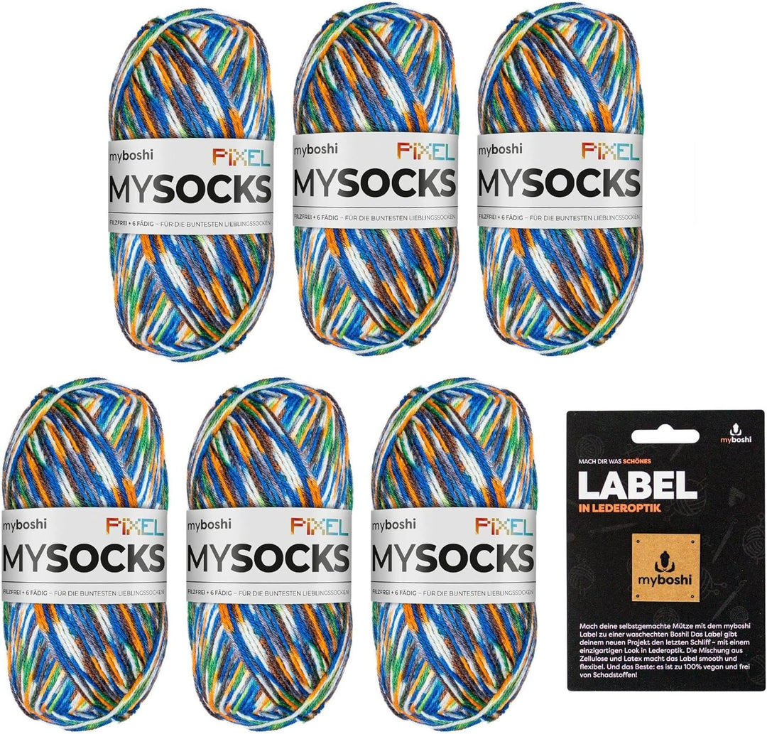 myboshi mysocks Pixel, 6-fädige Sockenwolle, strapazierfähig, Garn, inkl. original Label in Lederopt