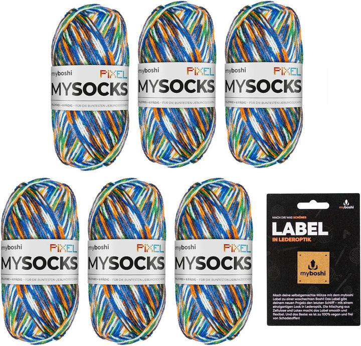 myboshi mysocks Pixel, 6-fädige Sockenwolle, strapazierfähig, Garn, inkl. original Label in Lederopt