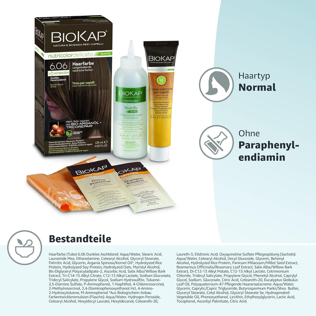 BIOKAP RAPID Permanente Haarfarbe 6.06 Dunkles Havannablond | NUR 10 MINUTEN EINWIRKZEIT | Bio Argan