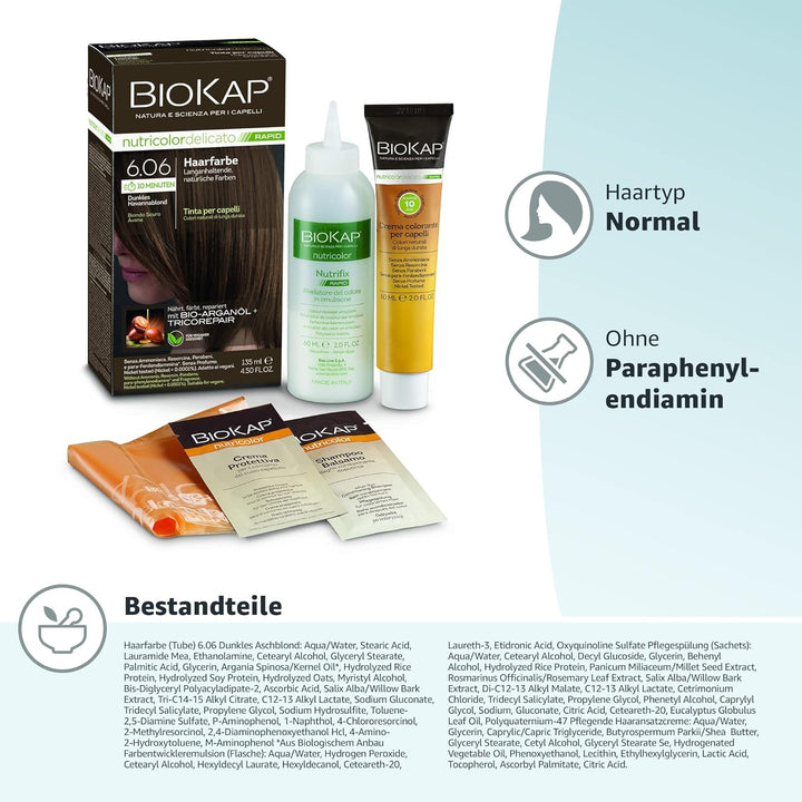 BIOKAP RAPID Permanente Haarfarbe 6.06 Dunkles Havannablond | NUR 10 MINUTEN EINWIRKZEIT | Bio Argan