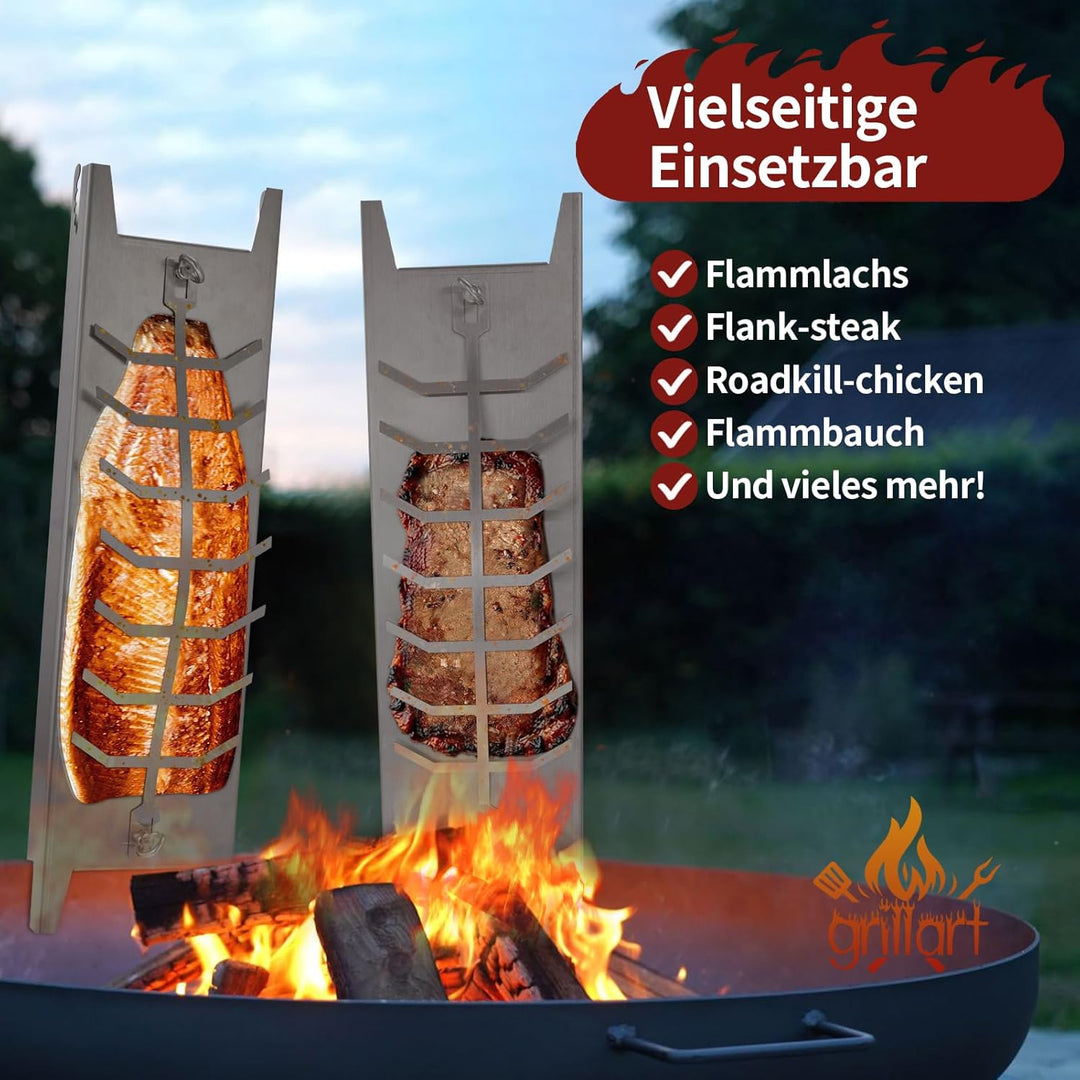 Flammlachsbrett Edelstahl, 180° Drehbar Flammlachsbretter, 5 Stufen Winkelsystem, Lachsbretter zum G