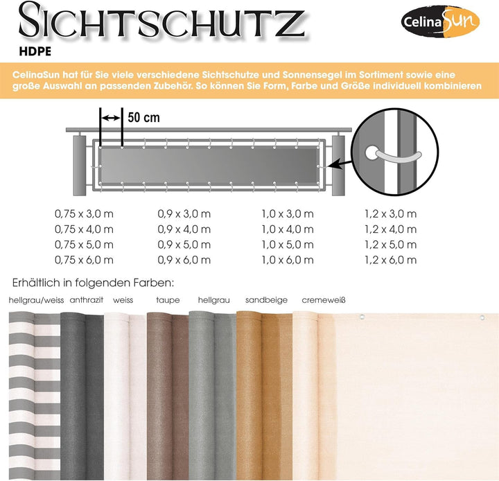 CelinaSun Sichtschutz Balkon 0,75 x 3 m Creme weiss HDPE Balkonbespannung mit Kabelbinder atmungsakt