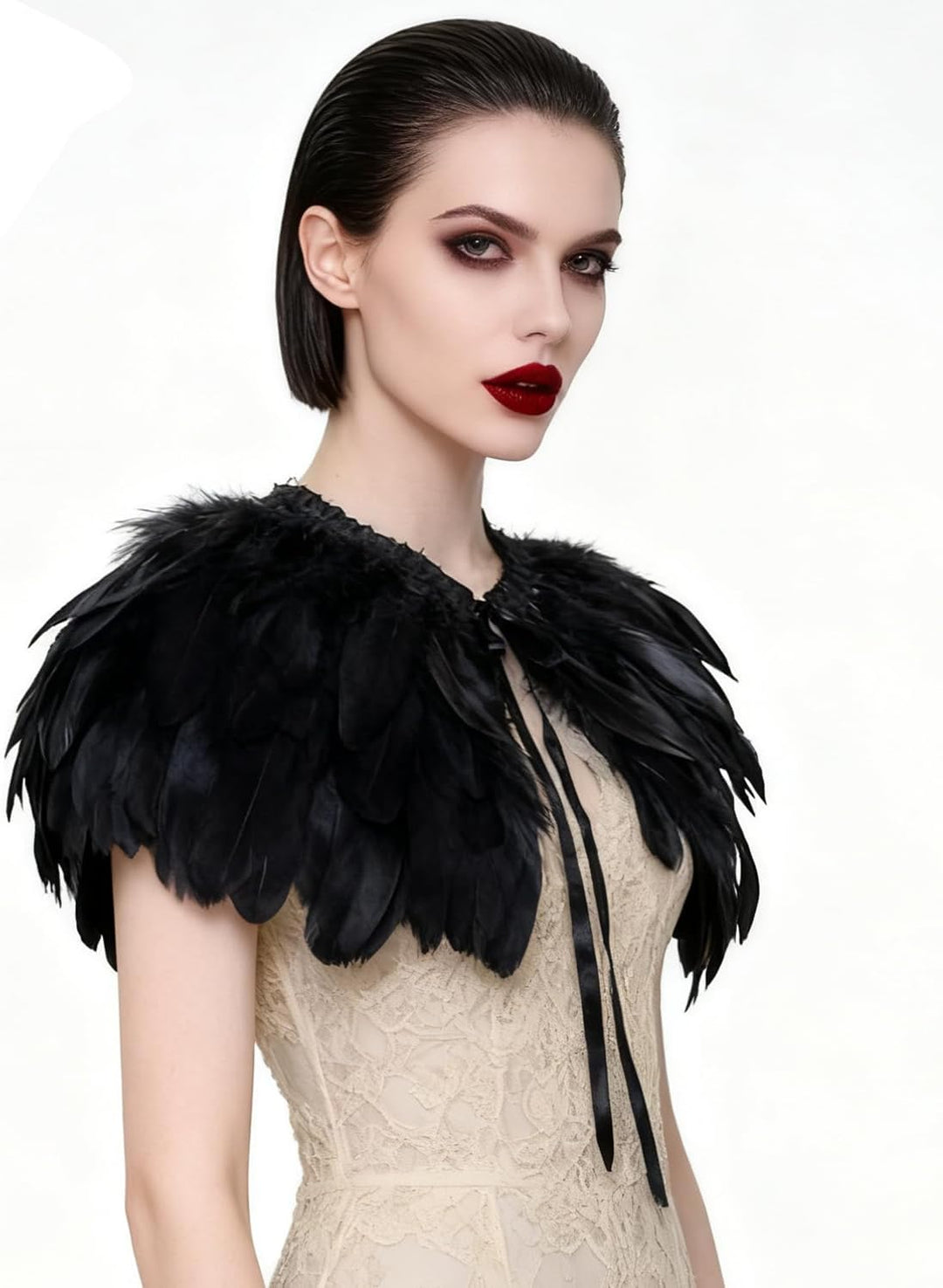 keland Feder Cape Stola Schwarz Weiss Beige Schal Halloween-Kostüm, Schwarz