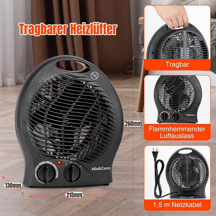 Heizlüfter Energiesparend mit Thermostat, 2000W Tragbare Elektroheizung mit 3 Heizstufen, Instaheat