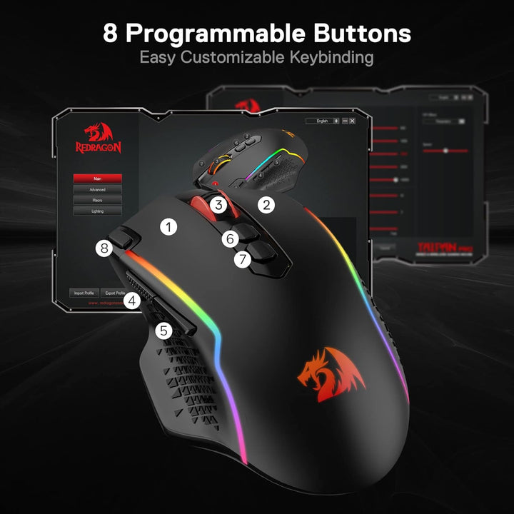 Redragon M810 Pro Kabellose Gaming-Maus, 10000 DPI Kabelgebundene/Kabellose Maus mit Schnellfeuertas